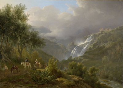 As Cascatas no Tivoli, com uma aproximação da tempestade, 1824 de Abraham Teerlink