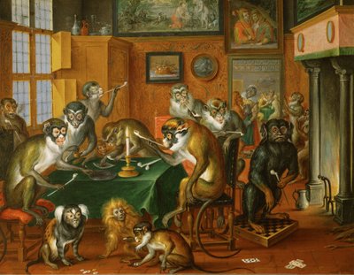 Tabakskollegium von Affen -Festa de macacos fumadores ... (óleo sobre cobre) de Abraham Teniers