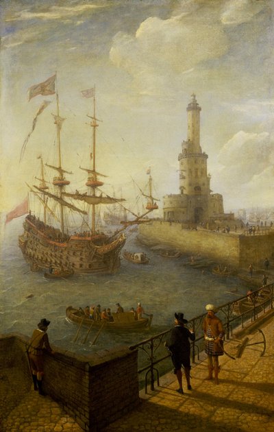 Um navio espanhol de três mastros ancorado ao largo da costa de Nápoles (Itália), visto de um cais pavimentado da cidade, em direção ao farol e aos edifícios do porto mediterrânico de Abraham Willaerts