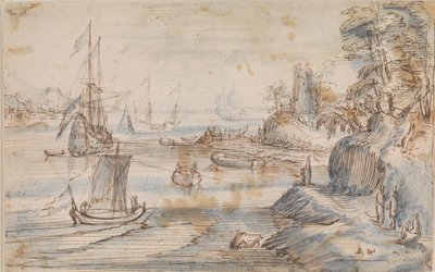 Paisagem costeira com vários navios, uma costa alta com várias figuras de Abraham Willaerts