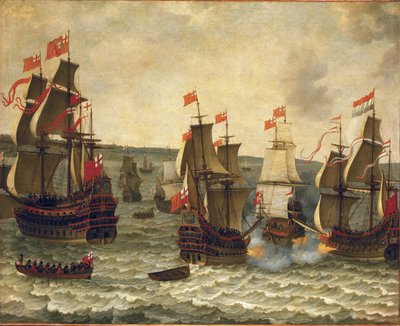 Batalha naval entre navios holandeses e britânicos, episódio da Primeira Guerra Anglo-Holandesa (Anglo-Dutch) 1652-1654. Óleo sobre madeira de Abraham Willaerts (1603-1669). de Abraham Willaerts