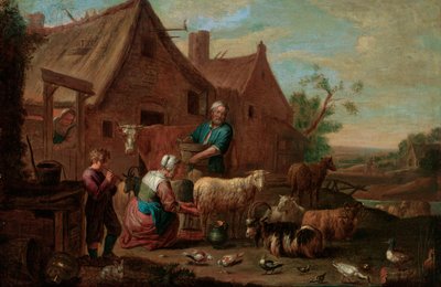 Família de camponeses com gado, ovelhas e cabras em um curral (óleo sobre tela) de Abraham Willemsens