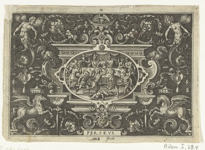 Cartouche: Phineus perturba o casamento de Perseus e Andrómeda
PERSEUS (título sobre o objecto)
Cartuchos ovais com cenas da vida de Perseu emolduradas por grotescos (título da série) de Abraham de Bruyn
