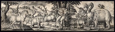 Orfeu sentado numa pedra, segurando um instrumento de cordas e encantando os animais com música. Gravura de A. de Bruyn. de Abraham de Bruyn