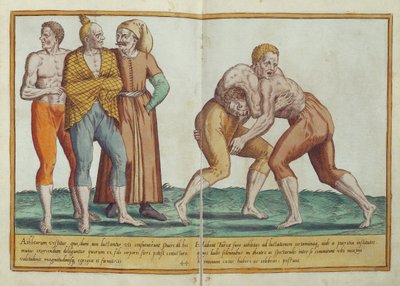 Turcos lutando, trajes do século XVI de Omnium Poene Gentium Imagines, publicado em Colônia, 1577 (gravura colorida à mão) de Abraham de Bruyn