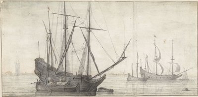 Navios à vela em águas paradas perto da costa de Abraham de Verwer (possibly)