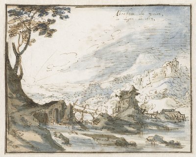 Paisagem montanhosa com uma ponte de madeira de Abraham de Vries