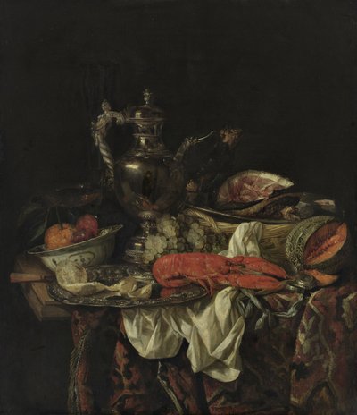 Holandês: Natureza morta com um jarro de prata reflectindo o retrato do artista, fruta, lagosta e assado Natureza morta com um jarro de prata de Abraham van Beijeren