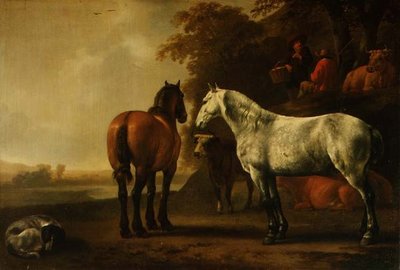 Cavalos e Gado em uma Paisagem (painel) de Abraham van Calraet