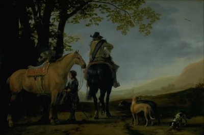 Dois cavaleiros em uma paisagem de Abraham van Calraet