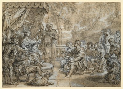 Uma rainha com manto de arminho e ceptro (Semíramis?) num trono, diante dela ajoelha-se um grupo de homens e mulheres de Abraham van Diepenbeeck