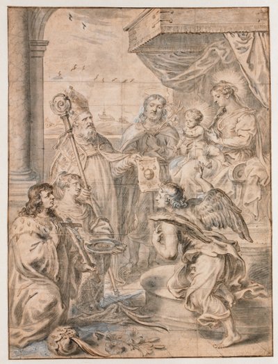 Maria com criança no trono adorada por três santos de Abraham van Diepenbeeck