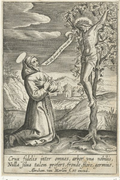 Santo ajoelhado diante de Cristo na cruz de Abraham van Merlen