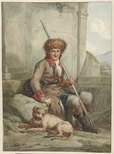 Caçador sentado com chapéu de pele, lança e saco de pasto de Abraham van Strij (I)