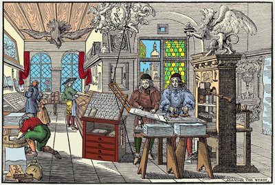 Interior de uma fábrica de impressão em Nuremberga, Alemanha: trabalhadores a trabalhar, início do século XVII - grav. de Abraham van Werdt. de Abraham van Werdt