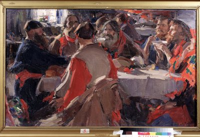 Hora do chá (beber chá). Pintura de Abram Yefimovich Arkhipov (1862-1930). Óleo sobre tela, 79 x 31 cm. Arte russa, final do século XIX e início do século XX. Galeria de Arte do Estado B. Kustodiev, Astrakhan (Rússia). de Abram Efimovich Arkhipov
