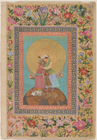 Representação alegórica do Imperador Jahangir e Shah Abbas da Pérsia, ilustração do Álbum de São Petersburgo, c.1618 (wc, tinta, prata e ouro sobre papel) de Abul Hasan