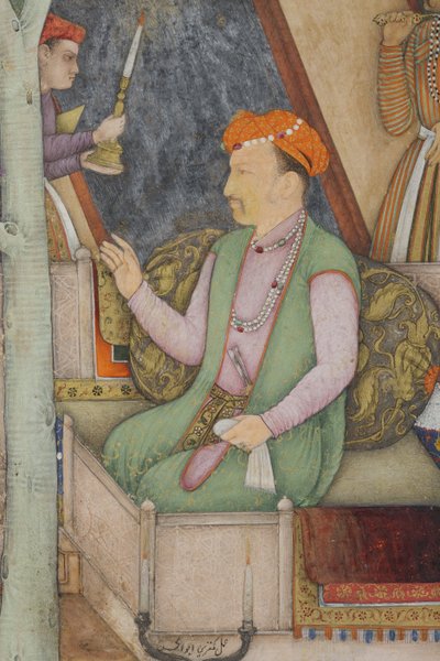 Detalhe do imperador Jahangir com homens santos em um jardim, c.1615 (wc opaco e ouro sobre papel) de Abul Hasan