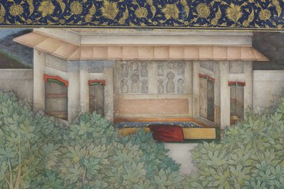 Detalhe do imperador Jahangir com homens santos em um jardim, c.1615 (wc opaco e ouro sobre papel) de Abul Hasan