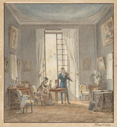 Interior do salão com Gabriel d&39;Arjuzon tocando violino e Pascalie Hosten, condessa d&39;Arjuzon, tocando violão de Achille Louis Martinet