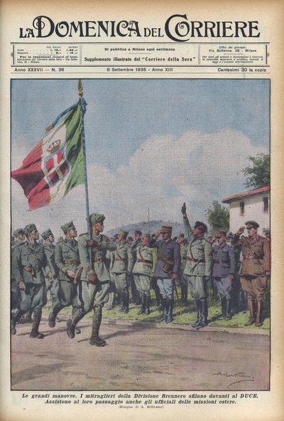 1935 Os metralhadores da Divisão Brennero desfilam em frente ao Duce - DOMENICA DEL CORRIERE - manobras militares. As tropas passam diante de Benito Mussoli "il Duce" - Ilustração de Achille Beltrame (1871-1945) de Achille Beltrame
