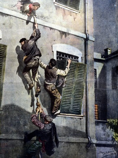 Uma ousada fuga de quatro reclusos da prisão de Asti depois de romperem o muro. Desenho de Beltrame. La Domenica del Corriere. 1902 de Achille Beltrame