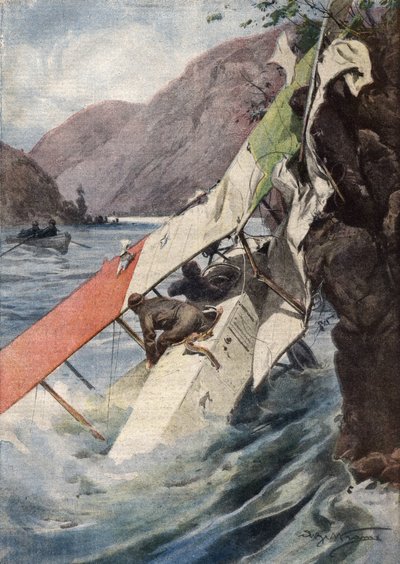 Um voo de reconhecimento dramático: após um combate, sem motor ou hélice, dois aviadores surpreendentemente conseguiram alcançar as linhas italianas e caíram no rio Isonzo. Ill. de Beltrame. La Domenica del Corriere. 10/1917. de Achille Beltrame