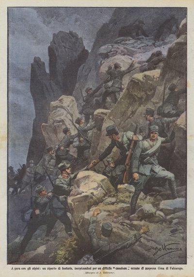 Correr com o Alpini, uma divisão de infantaria, escalando por um canal pesado difícil de Achille Beltrame