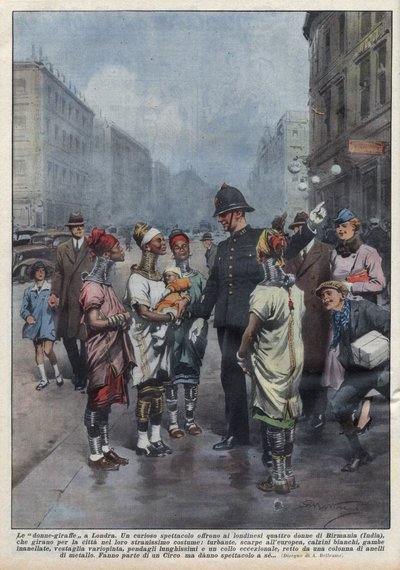 Um grupo de mulheres-giraffes da Birmânia pergunta a um policial inglês (policial) em Londres, elas estão vestidas com turbante, túnica, anéis ao redor do pescoço e pernas. Ilustração de Achille Beltrame em "La domenica del Corriere" de 26/04/1937. de Achille Beltrame