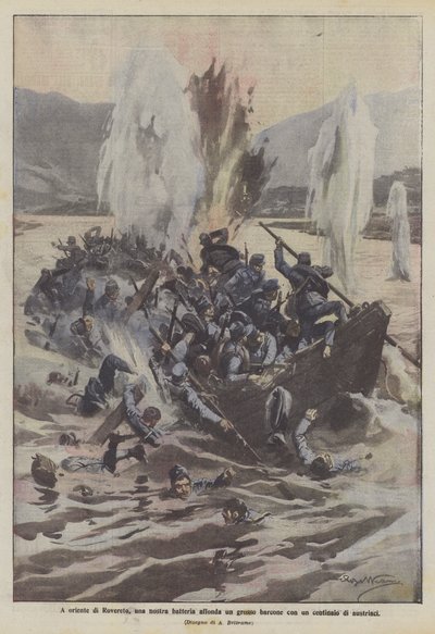 Para o leste de Rovereto, um dos nossos tambores afunda um grande barco com cem austríacos de Achille Beltrame