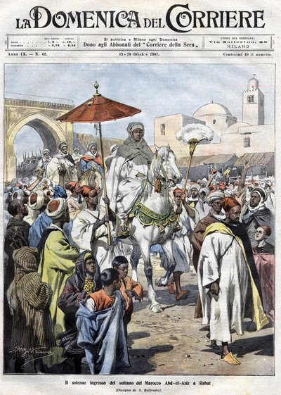 Abd al-Aziz (al-Hasan Mohamed al-Hasani al-Alaoui) entrou em Rabat no Marrocos em outubro de 1907 (Marrakesh de Achille Beltrame