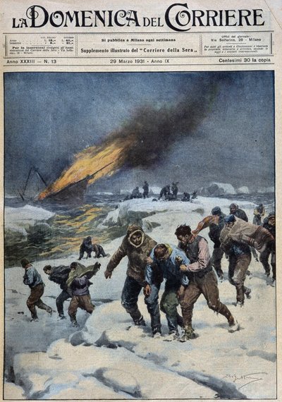 Após a explosão do baleeiro "Viking", a trágica marcha da tripulação em busca de resgate: este barco (no fundo em chamas) levou uma expedição cinematográfica - dess. por A. Beltrame em "la Domenica del Corriere" de 29/03/1931 de Achille Beltrame