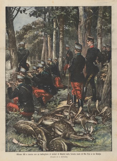 Alfonso XIII caçando com um batalhão de soldados de Madri na floresta real de Rio Frio em La Granja de Achille Beltrame