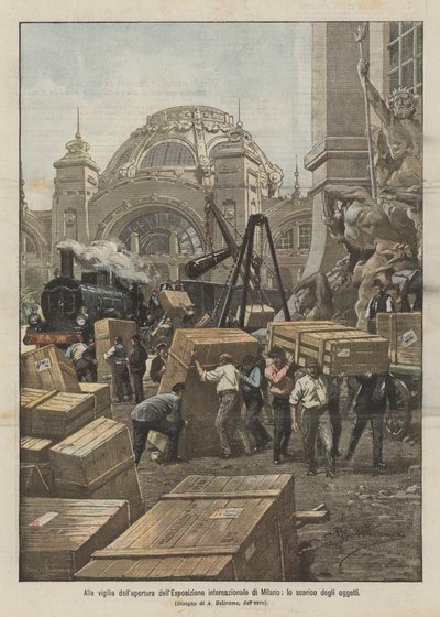 Na véspera da abertura da Exposição Internacional de Milão, o descarregamento de objetos de Achille Beltrame