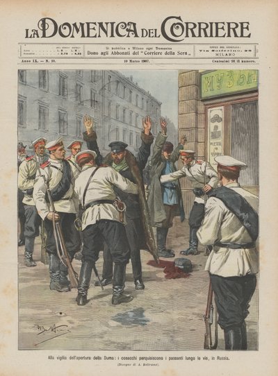 Na véspera da abertura da Duma, os cossacos atacam os transeuntes pelas ruas da Rússia de Achille Beltrame