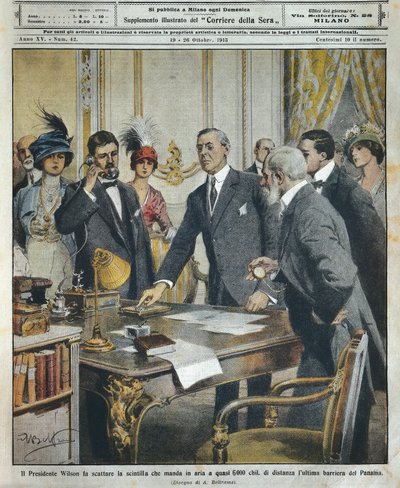 O presidente norte-americano Woodrow Wilson inicia a detonação telegráfica que demoliu a última barreira ao Canal do Panamá a 6000 quilômetros de distância, por Achille Beltrame (1871-1945), a partir de La Domenica del Corriere de Achille Beltrame