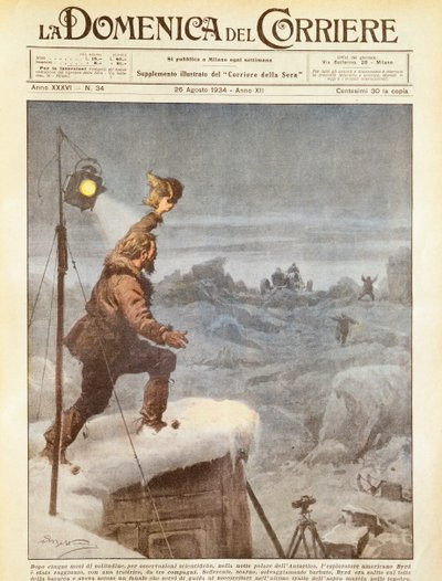 Explorador americano, Richard E Byrd, acompanhado por companheiros na Antártida depois de cinco meses sozinho, por Achille Beltrame, ilustração, Ilustrador Achille Beltrame (1871-1945), de La Domenica del Corriere, 26 de agosto de 1934 de Achille Beltrame