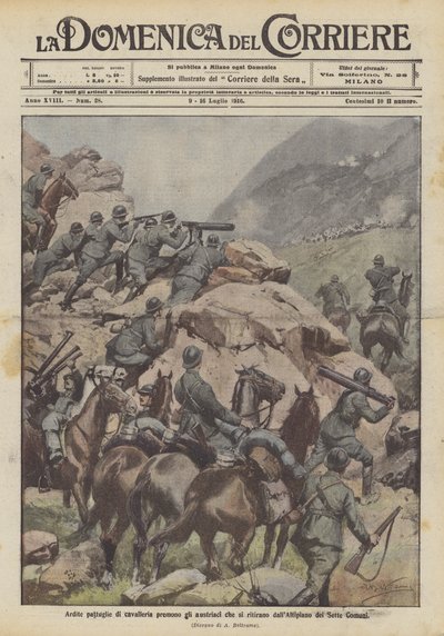 Patrulhas de cavalaria ardentes pressionam os austríacos que se retiram do planalto dos Sete Municípios de Achille Beltrame