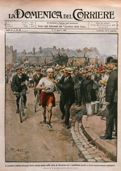Chegada de Dorando Pietri (1885-1942) em maratona, Olimpíadas de Londres, ilustração de Achille Beltrame de La Domenica del Corriere, 2-9 de agosto de Achille Beltrame
