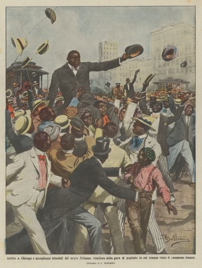 Chegada em Chicago e bem-vindo triunfal de Negro Johnson, vencedor da competição de boxe de Achille Beltrame