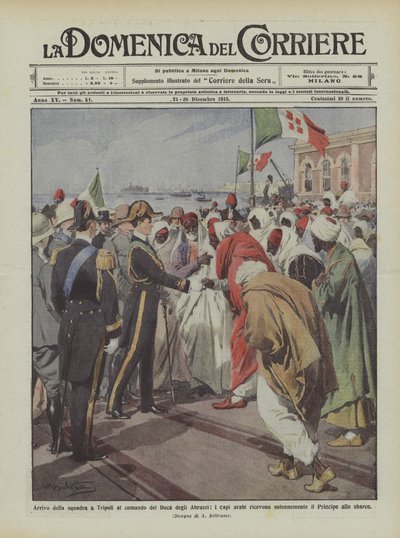 Chegada da equipe em Tripoli sob o comando do duque de Abruzzi, recebem os líderes árabes de Achille Beltrame