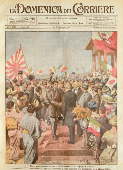 Arturo Ferrarin, voador de longa distância sendo recebido em Tóquio como o primeiro a chegar na rota Roma-Tóquio, por Achille Beltrame, ilustração, Ilustrador Achille Beltrame (1871-1945), de La Domenica del Corriere de Achille Beltrame
