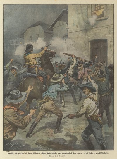 Assalto às prisões do Cairo (Illinois), defendido pela polícia, para se apossar do dun negro guo de Achille Beltrame