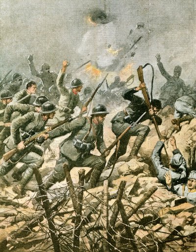 Assalto ao Monte Ortigara, de Achille Beltrame (1871-1945), ilustração de La Domenica del Corriere de Achille Beltrame