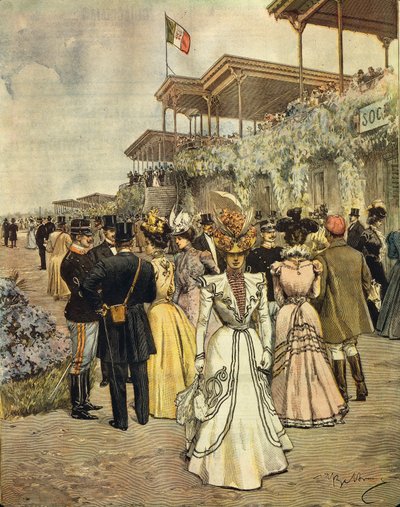 Nas corridas de cavalos em San Siro (Milão), de Achille Beltrame (1871-1945), de La Domenica del Corriere, 4 de junho de 1899 de Achille Beltrame