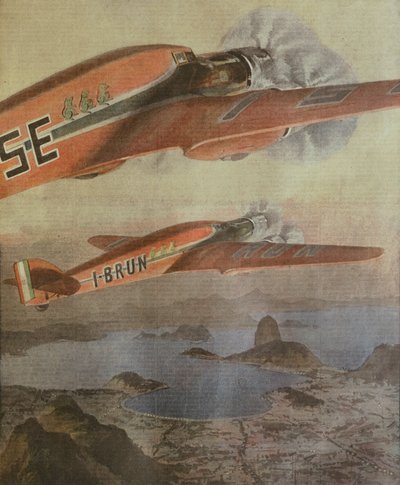 Attilio Biseo e o voo transatlântico Itália-Brasil de Bruno Mussolini, de Achille Beltrame, ilustração, Ilustrador Achille Beltrame (1871-1945), de La Domenica del Corriere, 6 de Fevereiro de 1938 de Achille Beltrame
