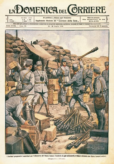 Bárbaros austríacos se preparam para a ofensiva no Baixo Isonzo, ilustração de La Domenica del Corriere, 23 de julho de Achille Beltrame