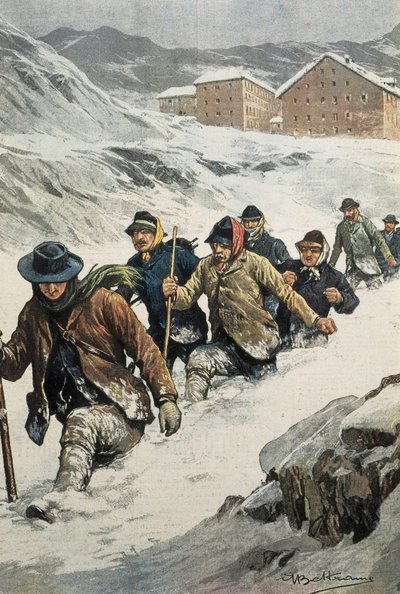 BELTRAME, Achilles (1871-1945). Trabalhadores italianos atravessando o Passo de São Bernardo entre Aosta e a Suíça. Capa da "La Domenica del Corriere". 02/14/1904. Litografia. de Achille Beltrame