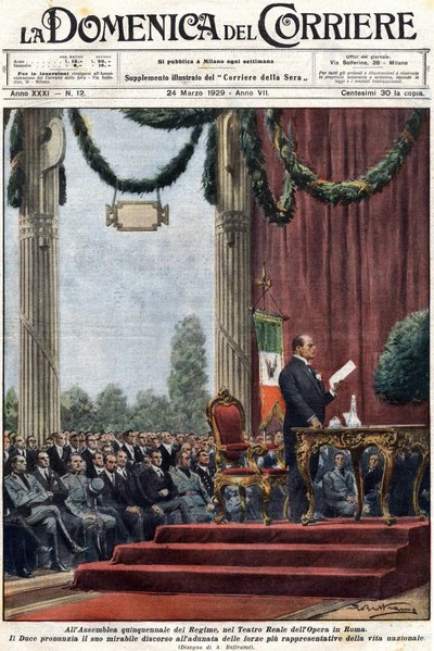 Benito Mussolini proferindo seu discurso no Teatro Reale da ópera em Roma perante os líderes do regime. ilustração de Achilles Beltrame". Domenica del corriere" de 24 de Março de 1929 de Achille Beltrame