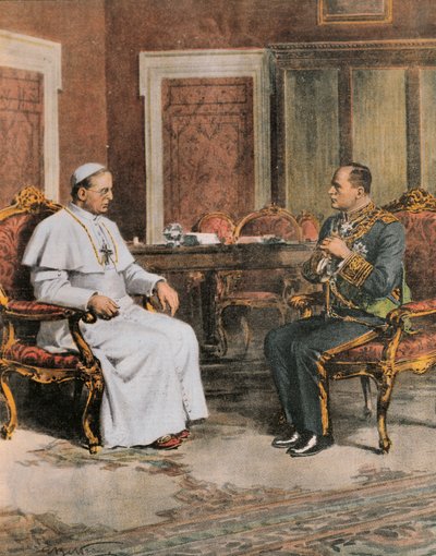 Benito Mussolini no encontro com o Papa Pio XI em 11 de fevereiro de Achille Beltrame